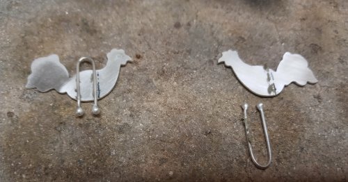 Judy Larson's Three French Hens Earrings - , Holiday Designs, Sawing, Saw, Wire Saw, Texturing, Butane Torch, Soldering, Solder, three french hens earrings